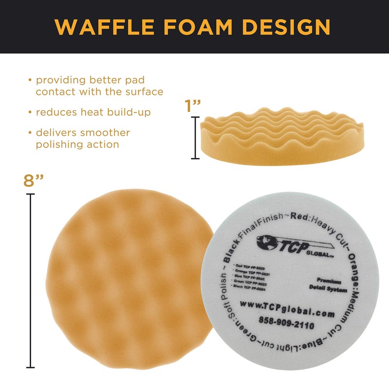 TCP Global 8" Orange Waffle Foam Buffing Pad Hook and Loop Backing - Coarse Buffing Pad for Polishing, Automotive, Marine, Truck, RV & Compound Cutting, Car Polishing Pads - Image 3